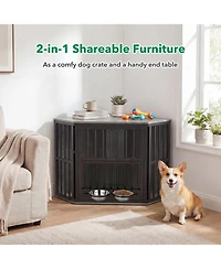 Ruie 35.5 Inch Wooden Dog Kennel End Table with 3 Position Bowl Rack