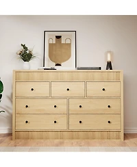 homfan 54" Wide Oak Finish 7-Drawer Fluted Dresser, Modern Wood Storage Chest