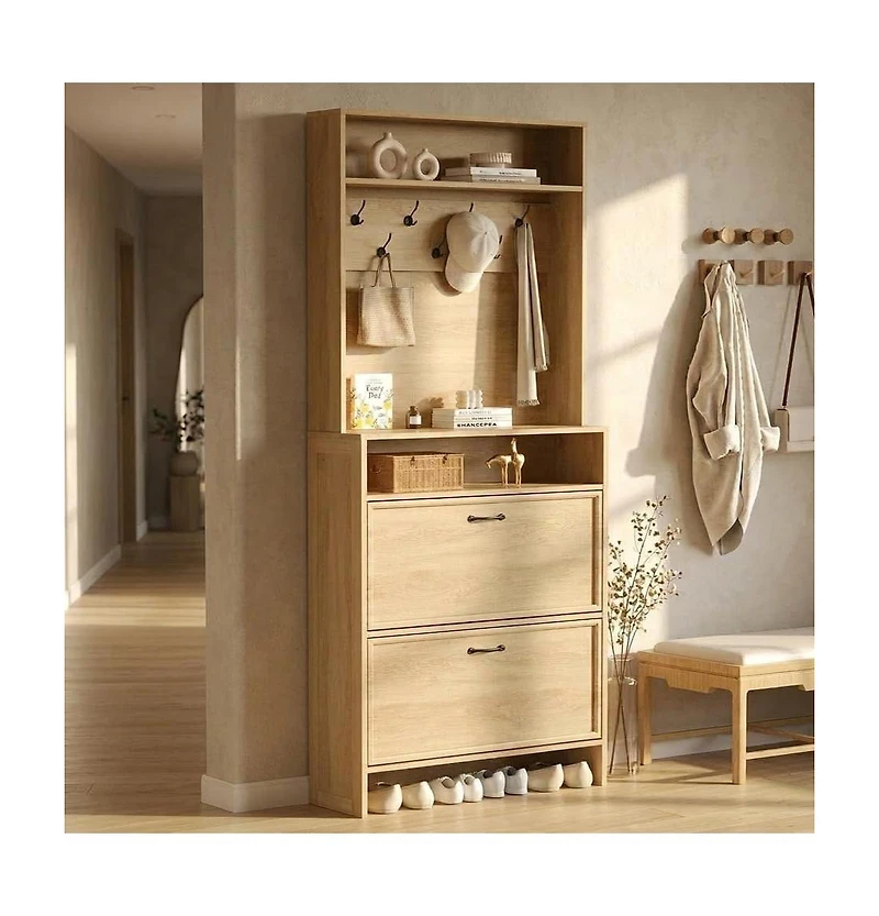 homfan Shoe Cabinet with 2 Flip Drawers - Hall Tree Storage Adjustable Shelf and Anti-Tip Kit for Entryway