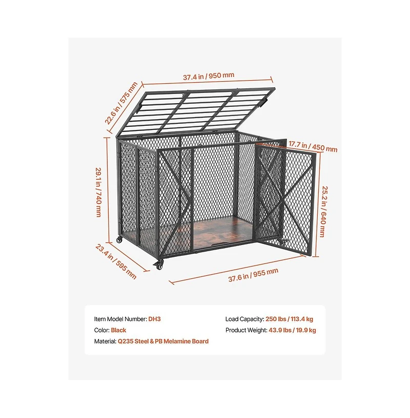 Ruie 38 in Heavy Duty Dog Crate with Double Doors and Lockable Wheels