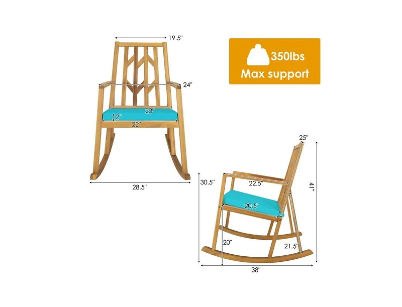 Lucky One Patio Acacia Wood Rocking Chair with Cushion Armrests Outdoor Sofa