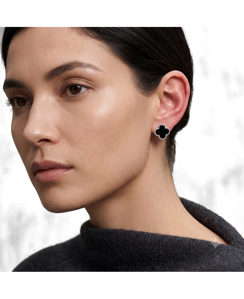 Simona Sterling Silver Onyx Clover, Beaded Outline Studs