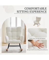 homfan Modern Nursery Rocking Chair, 300lbs Teddy Upholstered Glider with Side Pockets, High Backrest, Armrests, Metal Legs and Wood Base