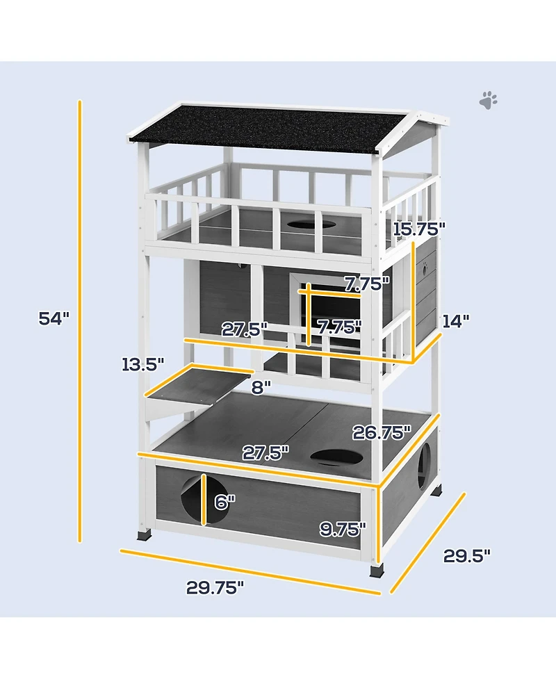 Ruie Wooden Outdoor Cat House with Asphalt Roof Escape Doors and Jump Platform