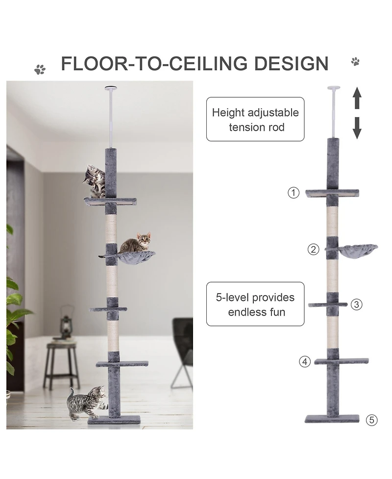Ruie 102 Inch Floor to Ceiling Cat Tree 5 Level Tower with Scratching Posts and Hammock