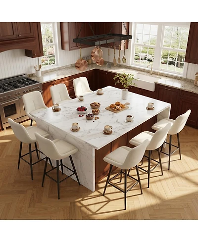 homfan Set of 8 25" Upholstered Bar Stools, Counter Height Chenille Fabric Stool with Footrest, Backrest and Metal Legs, Modern Chairs for Kitchen