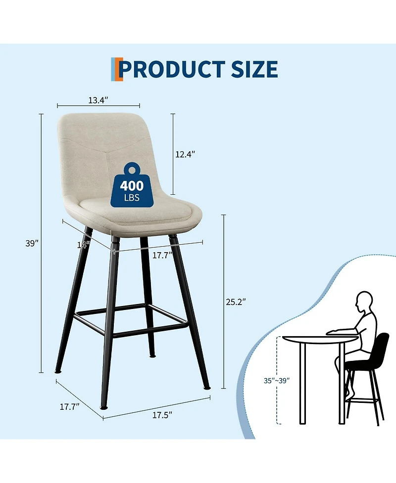 homfan Set of 6 25" Upholstered Bar Stools, Counter Height Chenille Fabric Barstool with Footrest, Backrest and Metal Legs, Modern Bar Chairs
