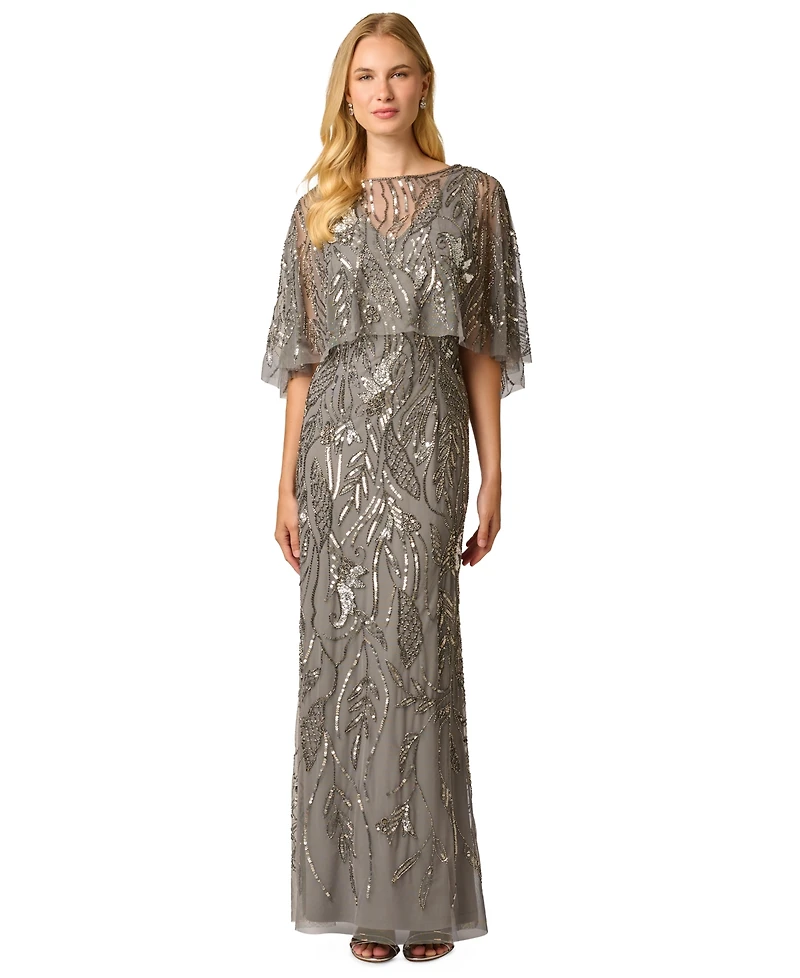Adrianna Papell Women's Beaded Cape V-Neck Long Gown