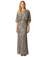 Adrianna Papell Women's Beaded Cape V-Neck Long Gown