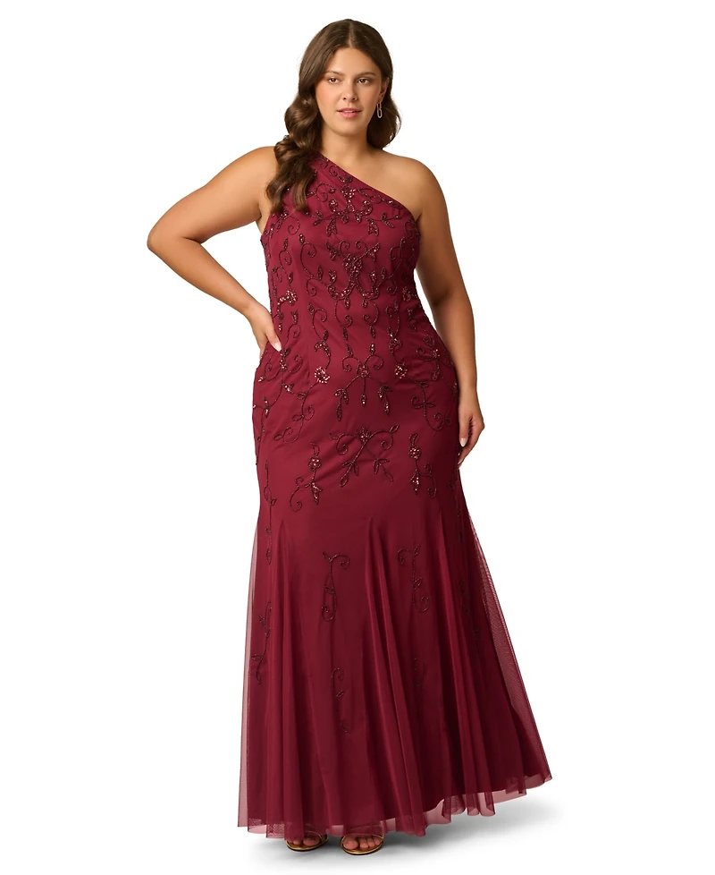 Adrianna Papell Plus One-Shoulder Beaded Gown