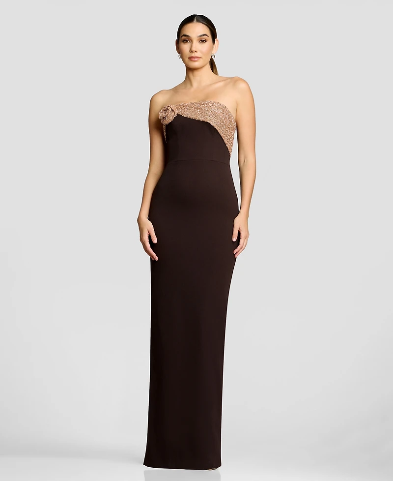 Dress the Population Women's Contrast Strapless Rosette Column Gown