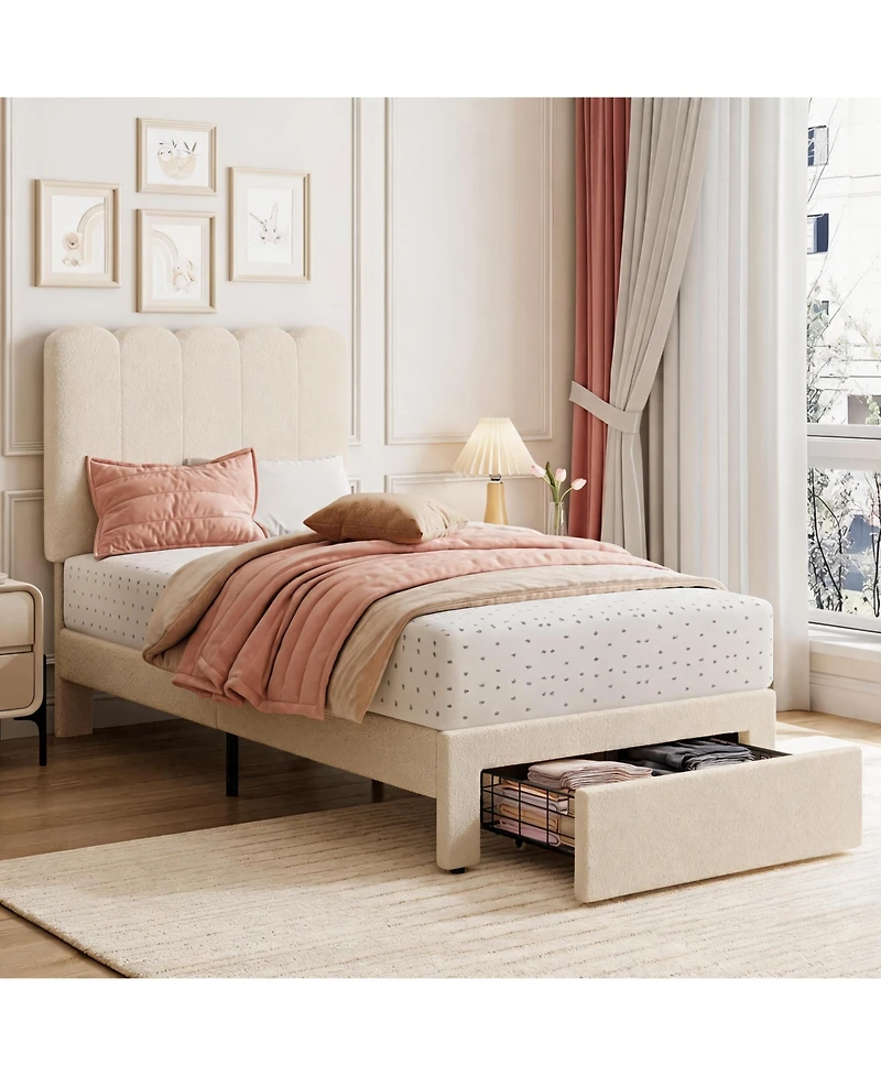 homfan Twin Size Bed Frame with Storage Drawer, Twin Bed for Kids/Girls/Boys, Noise-Free, No Box Spring Needed