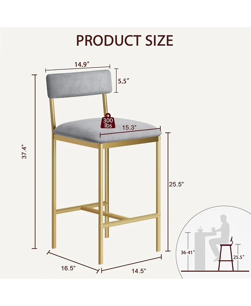homfan Set of 2 Velvet Counter Height Bar Stools with Backrest and Footrest