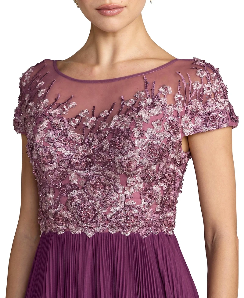 Mac Duggal Women's Embroidered Cap Sleeve Pleated Gown
