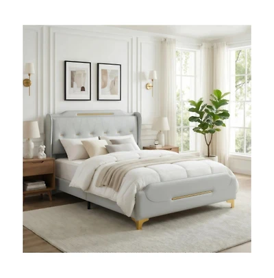 Lucky One Queen Size Pu Leather Platform Bed with Wingback Headboard - No Box Spring Needed