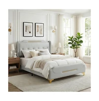 Lucky One Queen Size Pu Leather Platform Bed with Wingback Headboard - No Box Spring Needed