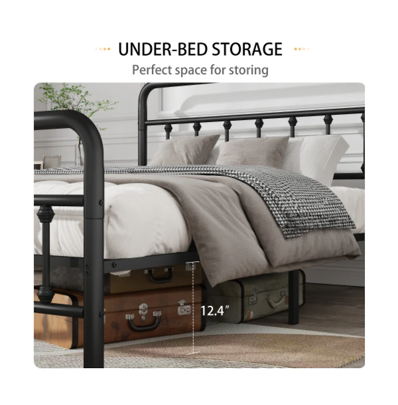 Lucky One Queen Size Platform Bed Frame with High Headboard, Heavy Duty Metal Slats, No Box Spring Needed, Under-Bed Storage