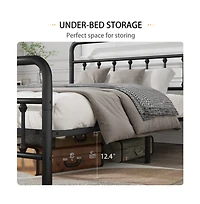 Lucky One Queen Size Platform Bed Frame with High Headboard, Heavy Duty Metal Slats, No Box Spring Needed, Under-Bed Storage