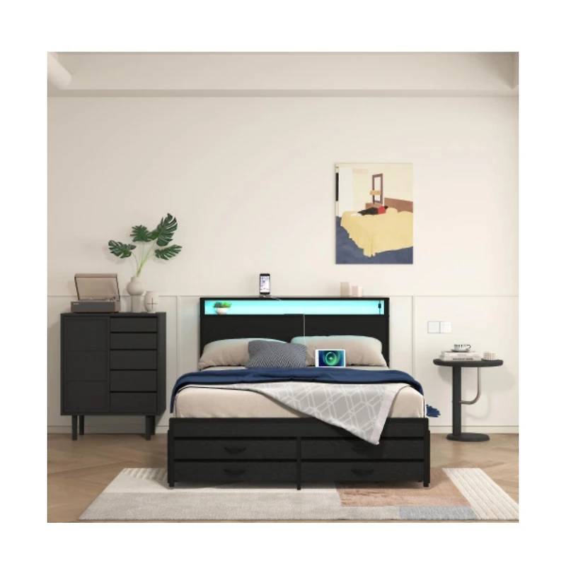 Lucky One Full Size Bed Frame with 8 Storage Drawers, Led Headboard, Usb Charging Station, Metal Platform