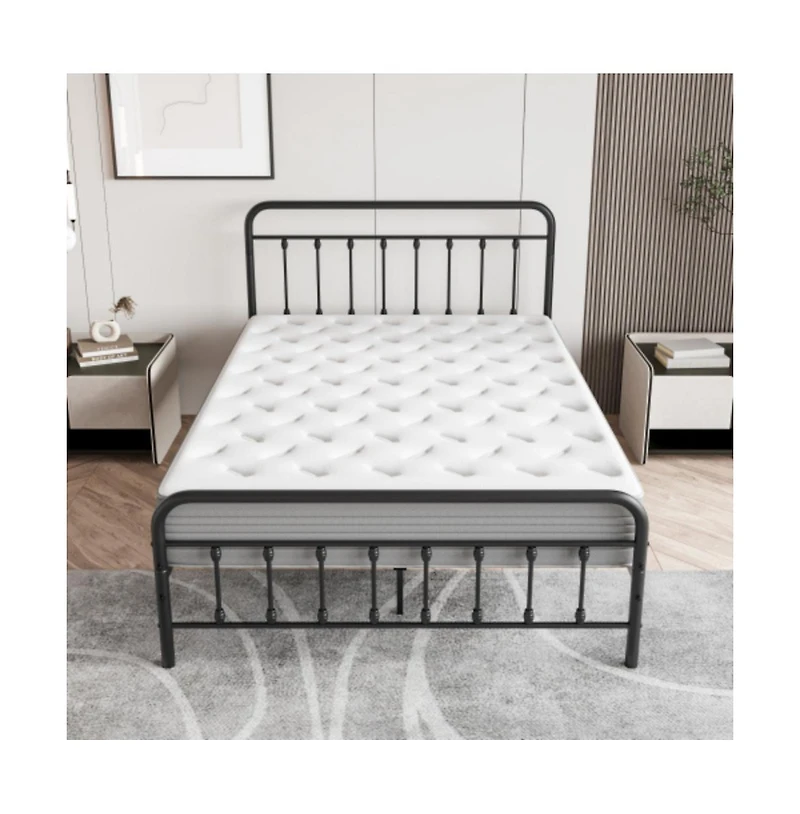 Lucky One Full Size Metal Platform Bed Frame with Victorian Headboard and Footboard, Steel Slats, No Box Spring Needed, Under-Bed Storage