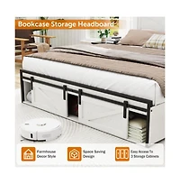 Lucky One Queen Size Farmhouse Bed Frame with Storage Headboard, Usb Charging Station, Led Lights, Wooden Slats, No Box Spring Needed