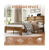 Lucky One Queen Size Bed Frame with Headboard and Footboard, Led Lights, Usb Charging Station, All-Metal Support, No Box Spring Needed