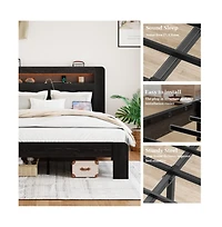 Lucky One Full Size Wood Platform Bed Frame with Storage Led Headboard, Usb Charging, Wood Slats