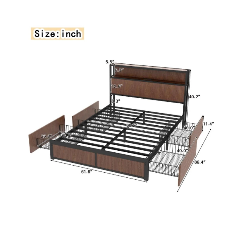 Lucky One Queen Size Wooden Platform Bed Frame with Multiple Drawers Storage, Usb Socket, Raised Pattern Headboard, No Box Spring Needed