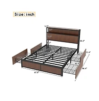 Lucky One Queen Size Wooden Platform Bed Frame with Multiple Drawers Storage, Usb Socket, Raised Pattern Headboard, No Box Spring Needed