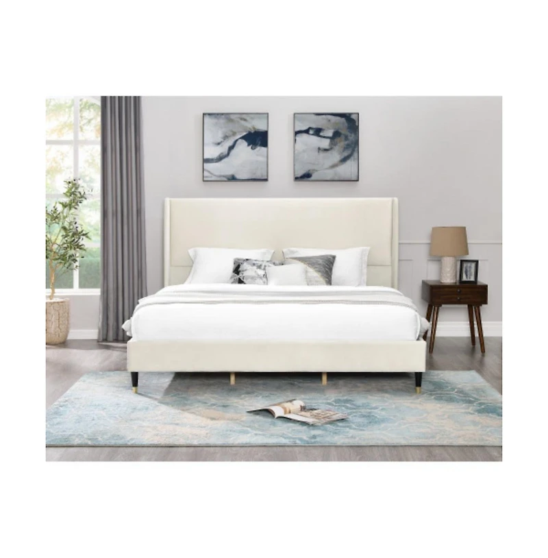 Lucky One King Size Velvet Wingback Platform Bed with Padded Headboard and Side Panels, Plywood Frame, No Box Spring Needed