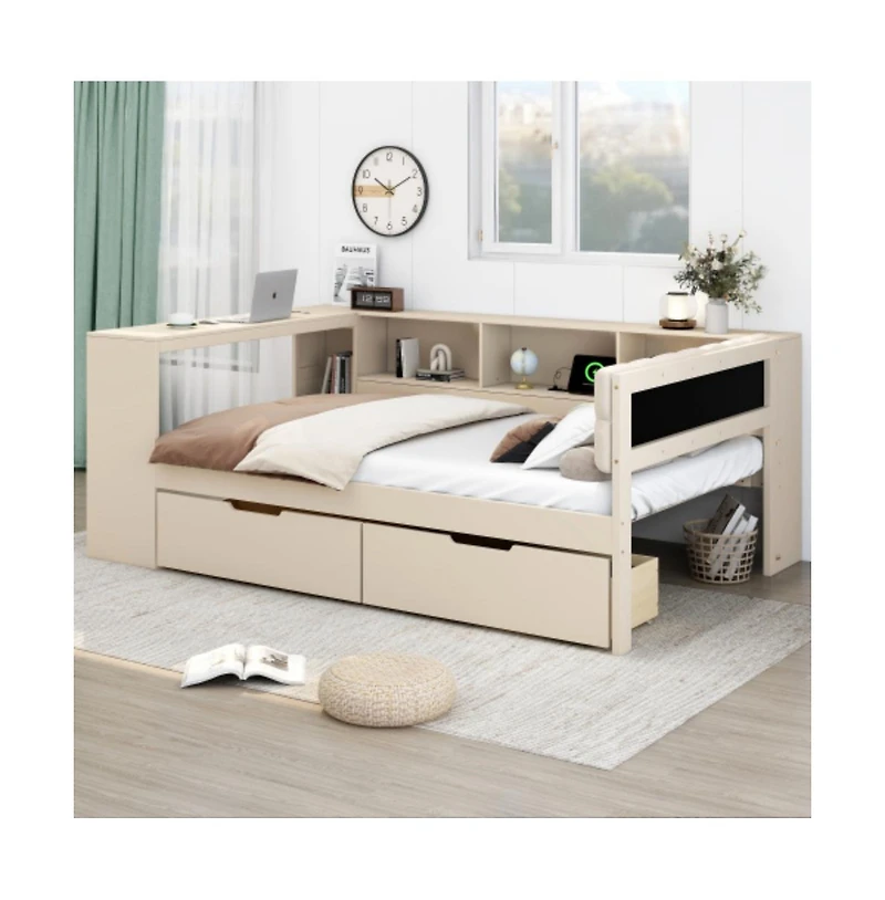Lucky One Full Size Wood Platform Bed with Storage Shelves, Drawers, Usb Charging Station, Upholstered Headboard, No Box Spring Needed