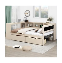 Lucky One Full Size Wood Platform Bed with Storage Shelves, Drawers, Usb Charging Station, Upholstered Headboard, No Box Spring Needed