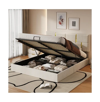 Lucky One Queen Size Upholstered Platform Bed with Hydraulic Storage System, Soft Fabric Headboard