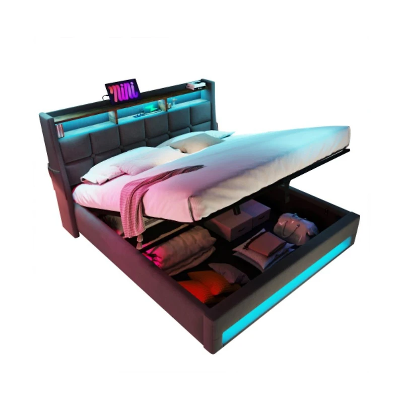 Lucky One Queen Size Upholstered Platform Bed with Hydraulic Storage, Led Lights, Usb Charging Station, No Box Spring Needed