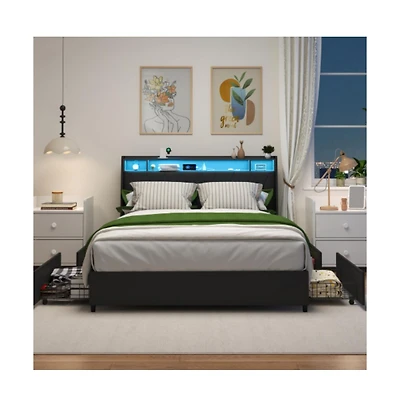 Lucky One Queen Size Platform Bed Frame with Ergonomic Headboard, Outlets, Usb Charger, Led Light, Storage Shelf, Noise-Free