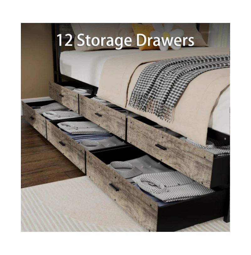 Lucky One Queen Size Bed Frame with Storage Headboard, 12 Drawers, Usb Charging Station, All-Metal Support, No Box Spring Needed