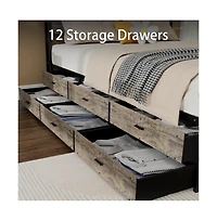 Lucky One Queen Size Bed Frame with Storage Headboard, 12 Drawers, Usb Charging Station, All-Metal Support, No Box Spring Needed