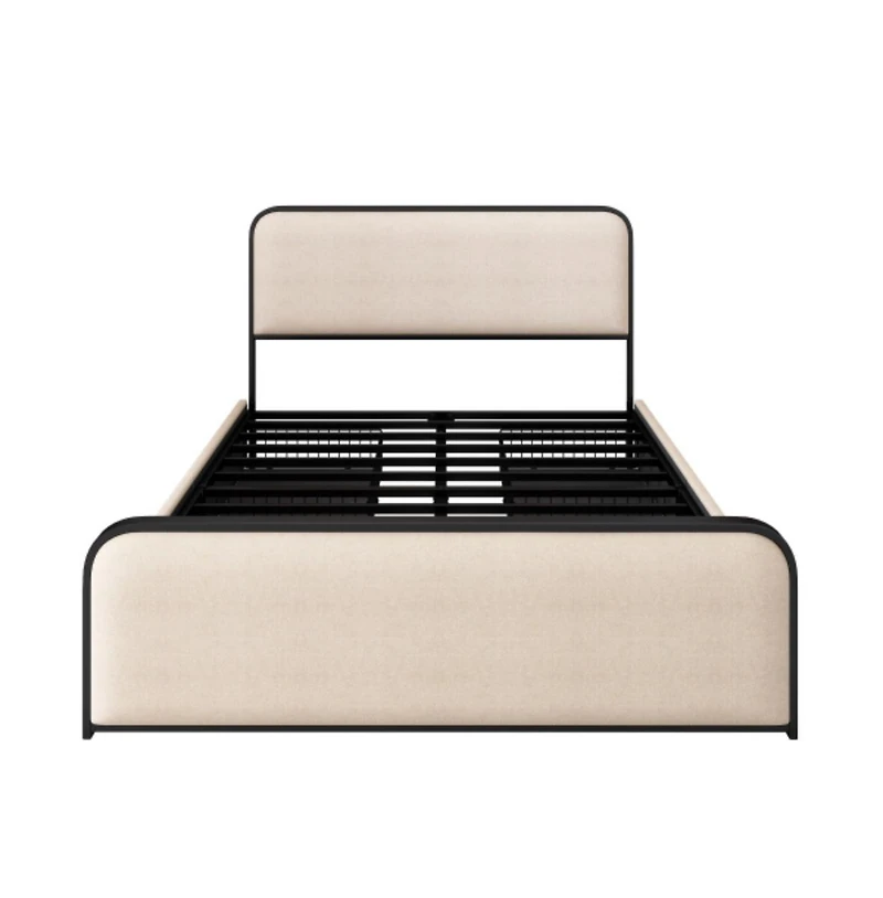Lucky One Queen Size Modern Metal Bed Frame with Curved Upholstered Headboard and Footboard, 4 Storage Drawers, Heavy Duty Metal Slats