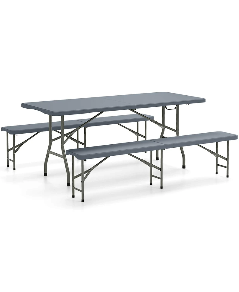 Gymax 3 pieces Folding Picnic Table Set with 6 ft Table and 2 Benches Hdpe Tabletop Bench Top