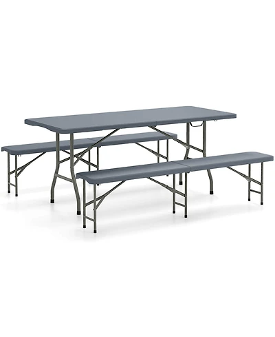 Gymax 3 pieces Folding Picnic Table Set with 6 ft Table and 2 Benches Hdpe Tabletop Bench Top