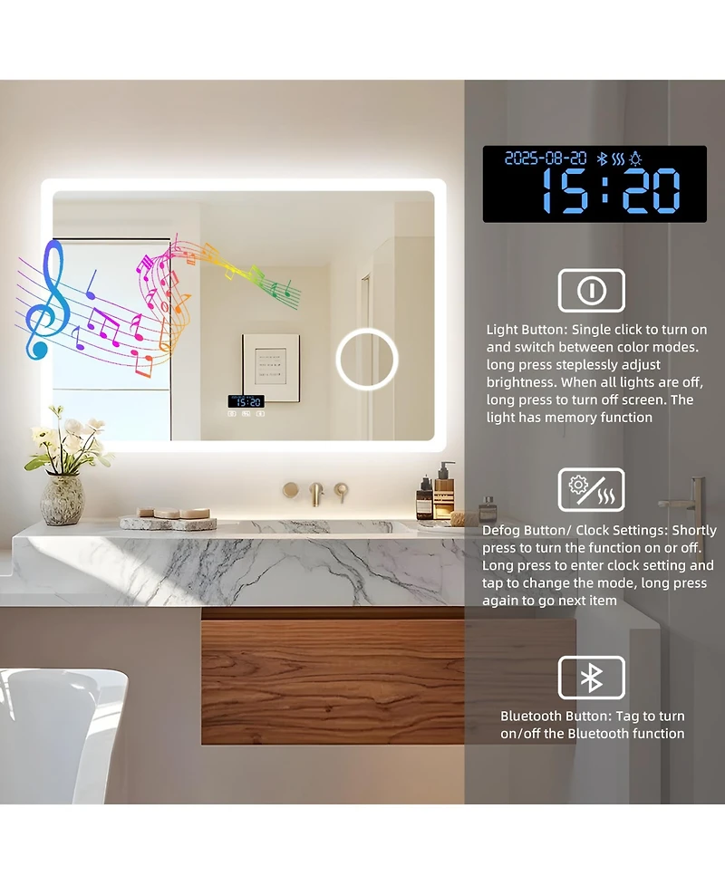 Luvodi Wall-Mounted 40"x24" Makeup Vanity Led-Bathroom-Mirror with Bluetooth Speaker, Time Display, Anti-Fog, Memory Function, Temperature