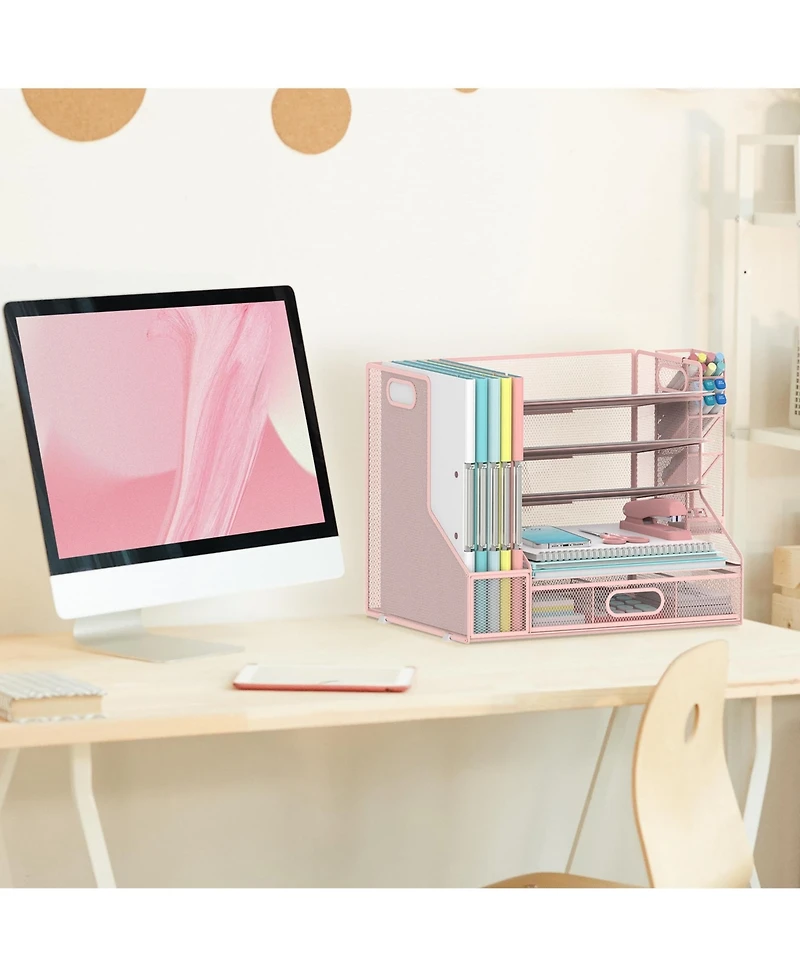 Danrong 5 Tier Mesh Desk Organizer with File Holder Tilted Sorter Pen Drawer Storage