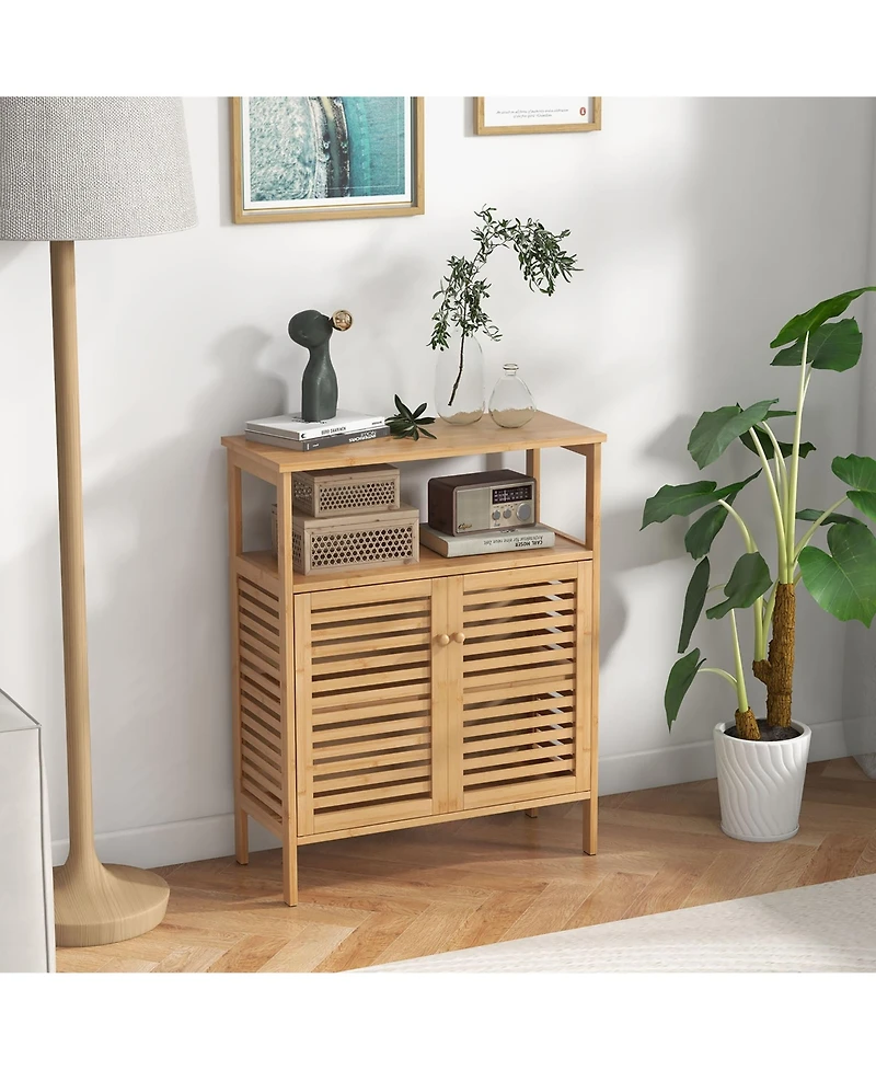 Gymax Bathroom Floor Cabinet Freestanding Bamboo Storage Organizer w/ Double Shutter Doors