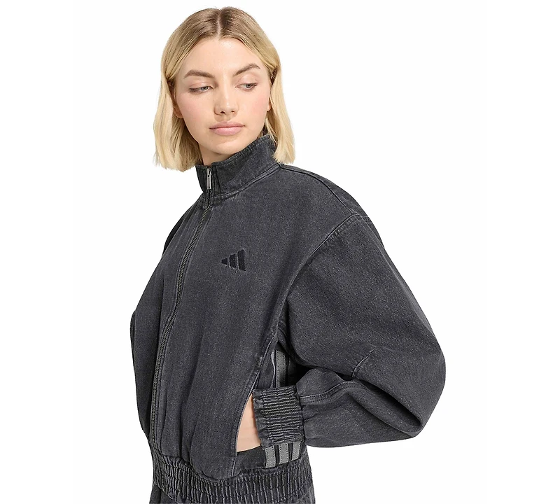 adidas Women's Stadium Washed Denim Bomber Loose-Fit Jacket