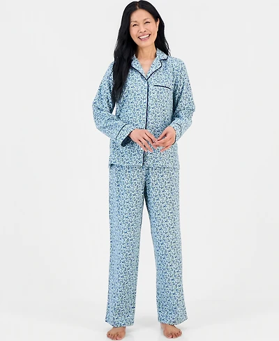 Charter Club Women's Cotton Flannel Long-Sleeve Notch Collar Pajama Top and Pants Set, Macy's Exclusive