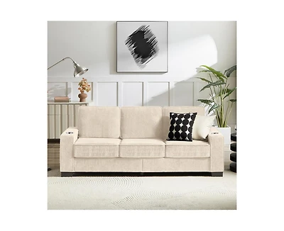 Rainsken 83.86" Corduroy 3-Seater Sofa with Cup Holder, High Resilience Sponge , Pet Friendly Modern Furniture for Living Room Bedroom Office