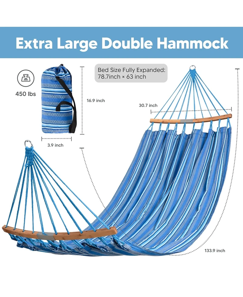 Double Hammock With Spreader Bar Portable Outdoor Camping Swing Tree Straps 450lbs Capacity