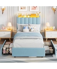 Homfan Bed Frame With Storage Headboard Bed Frame With 2 Drawers Boucle Upholstered Platform Bed Chic Wavy Headboard
