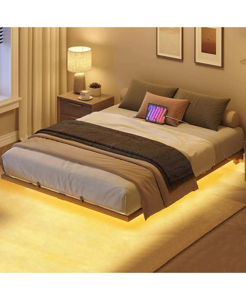 Slickblue Full Size Floating Bed Frame with Led Lights, Charging Station and Metal Platform Frame