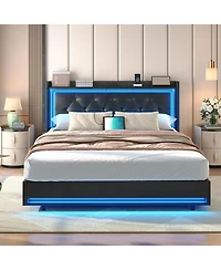 Slickblue Queen Size Upholstered Platform Bed Frame with Led Headboard and Built-In Charging Station